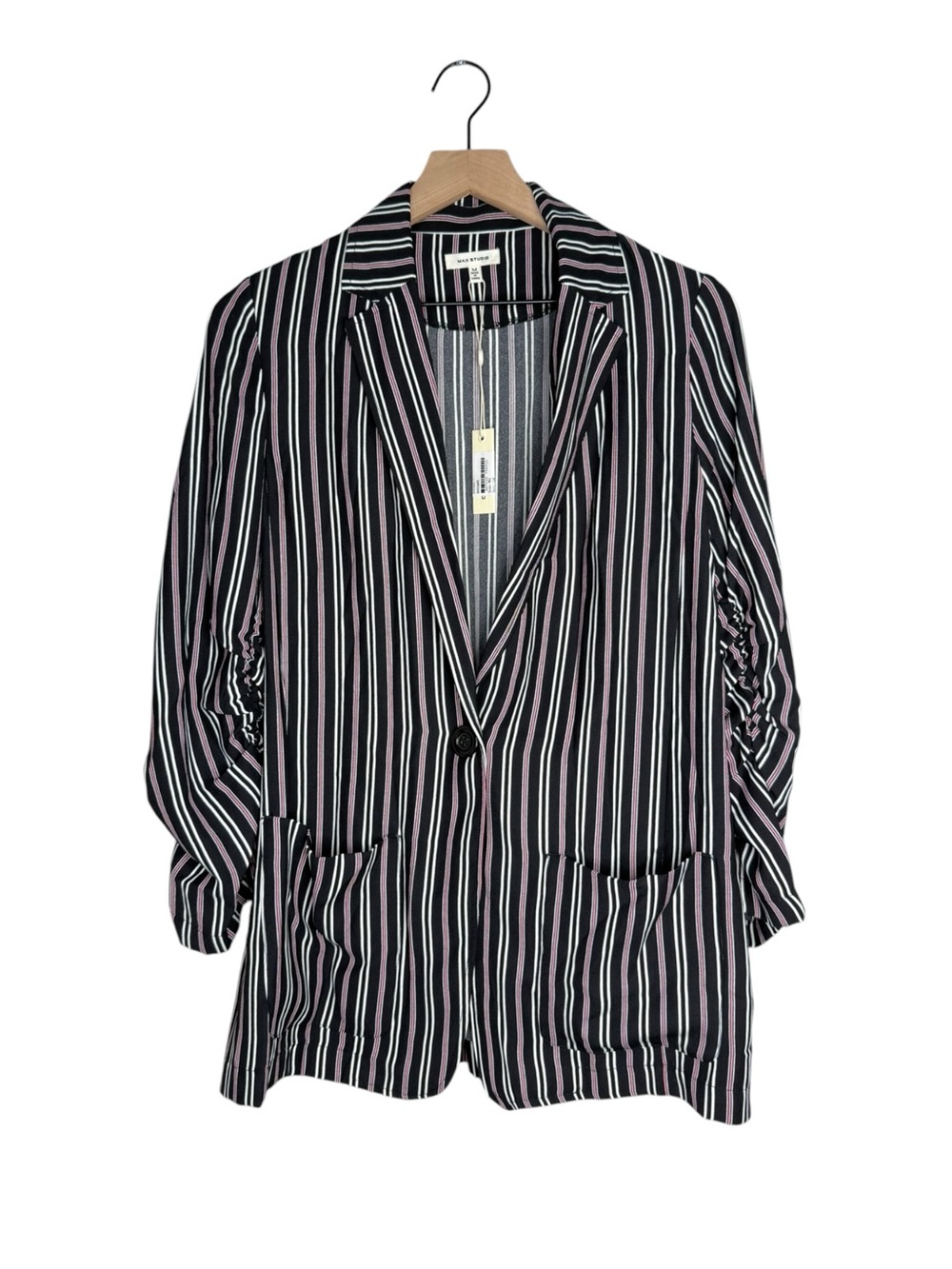 NWT Max Studio Striped Blazer Black Pink Lightweight Ruched Sleeve size M
